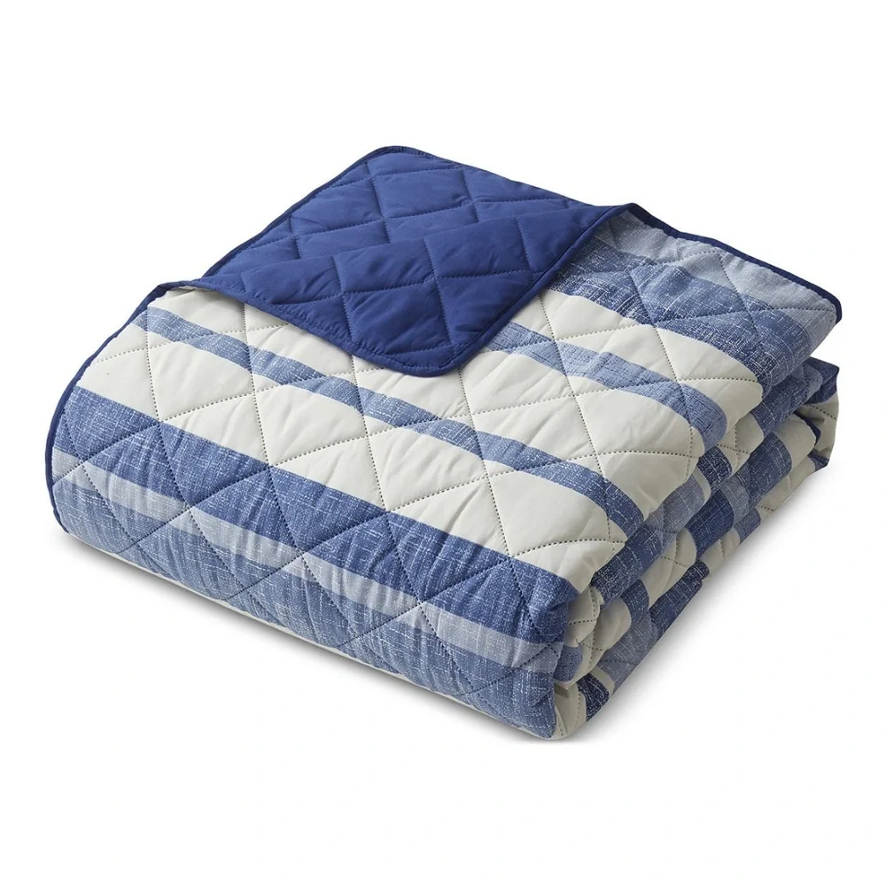 Quilt Set 3 pc King Blue Stripes Reversible